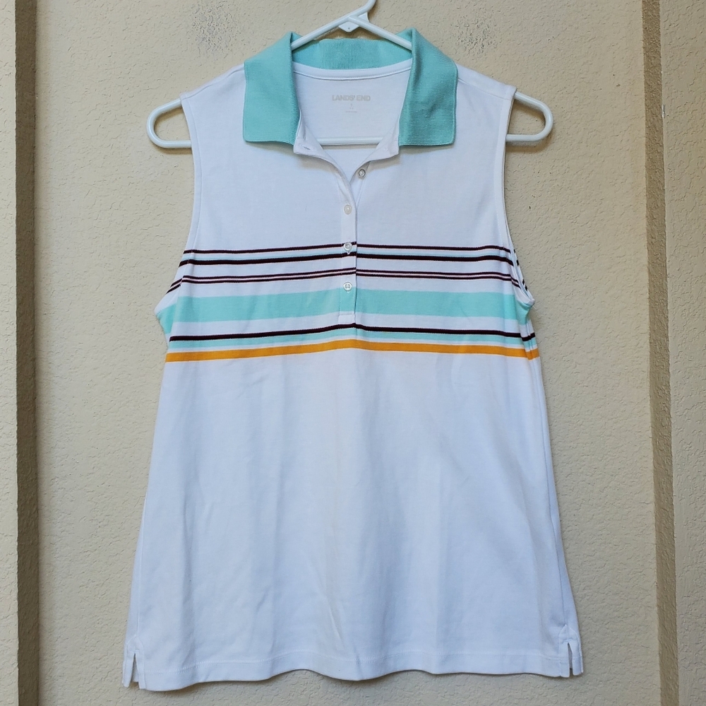 Lands' End White Sleeveless Polo with Mint Trim.   Size Small